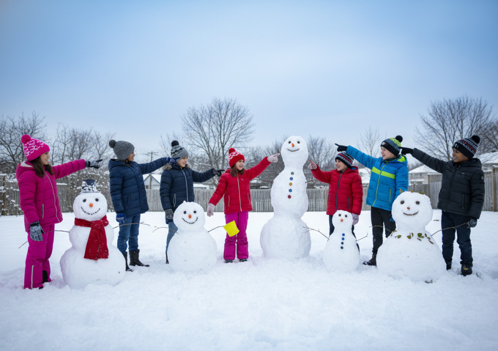 Діти порівнюють кількох різних сніговиків на подвір'ї