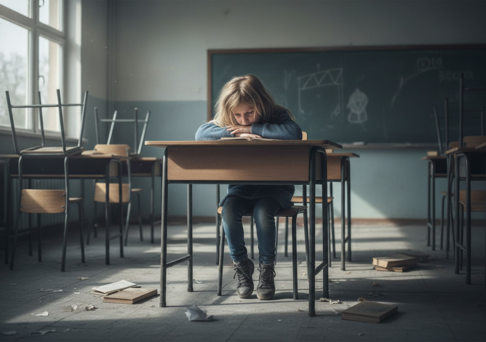 Дитина сидить сама в класі й сумує