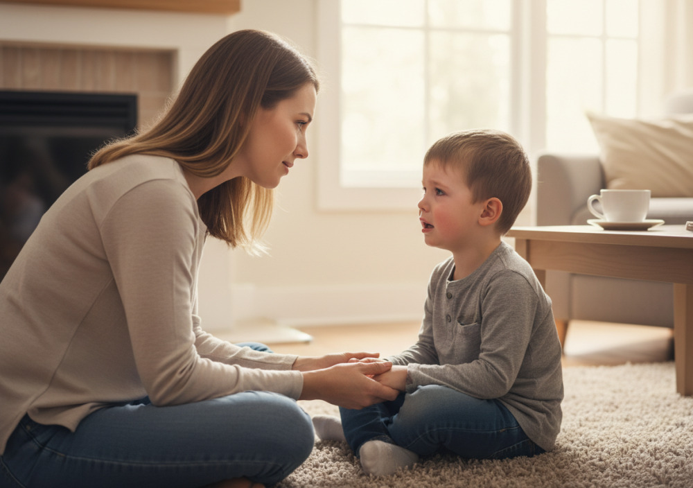 Мама уважно слухає засмучену дитину