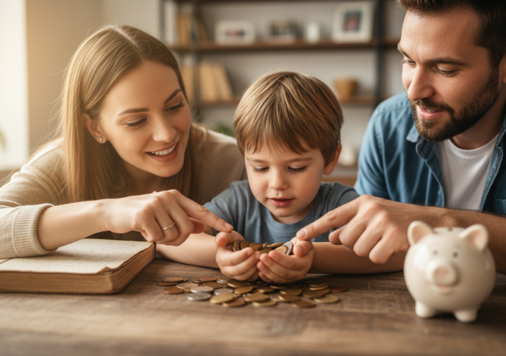 Дитина рахує монети разом із батьками