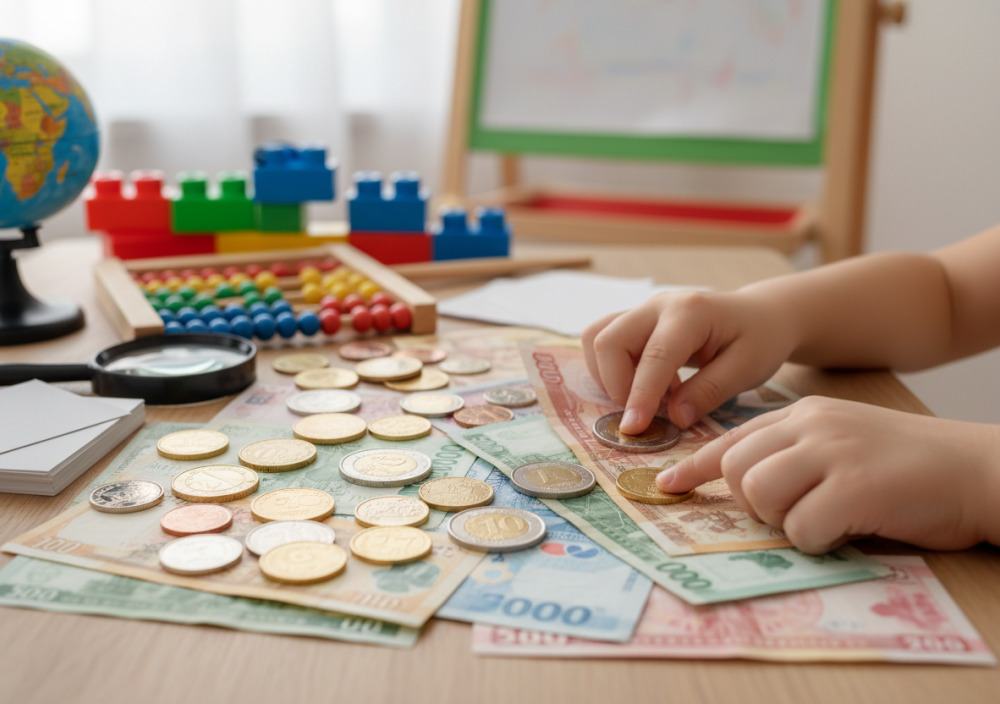 Монети та купюри на столі для вивчення дитиною