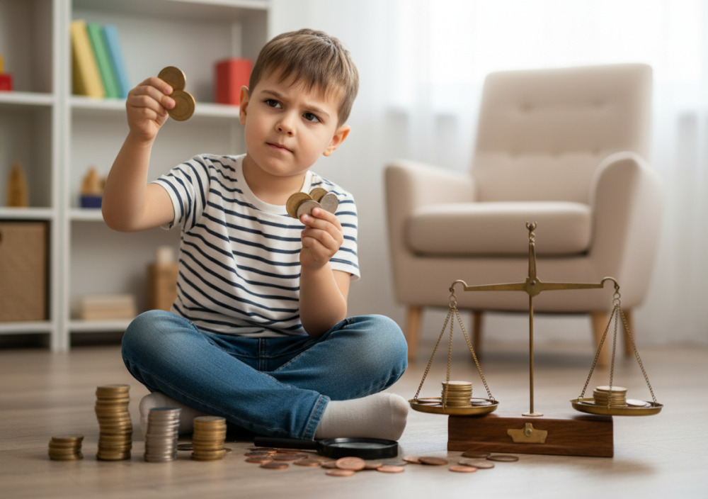 Дитина порівнює різні монети за номіналом