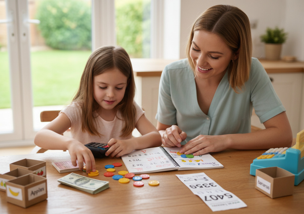 Мама допомагає дитині розв’язувати задачі на гроші