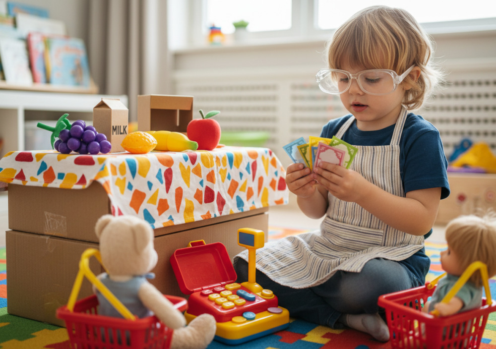 Дитина грає в магазин і рахує гроші за покупки