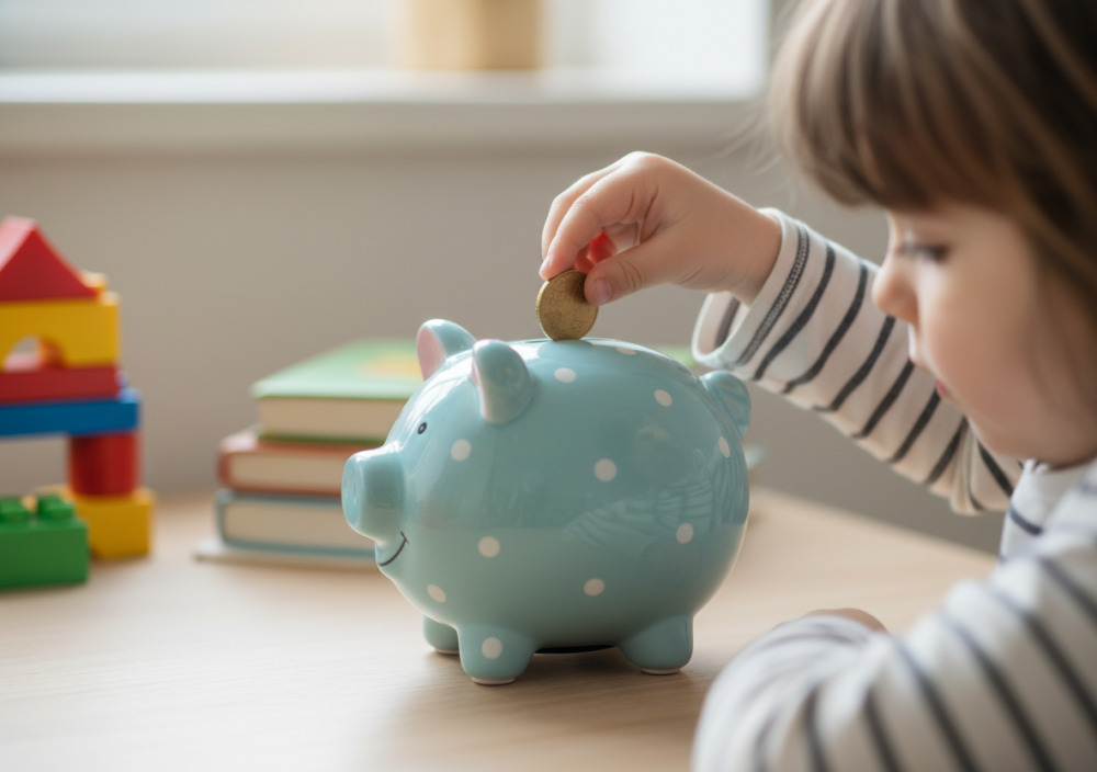 Дитина кладе монети у скарбничку