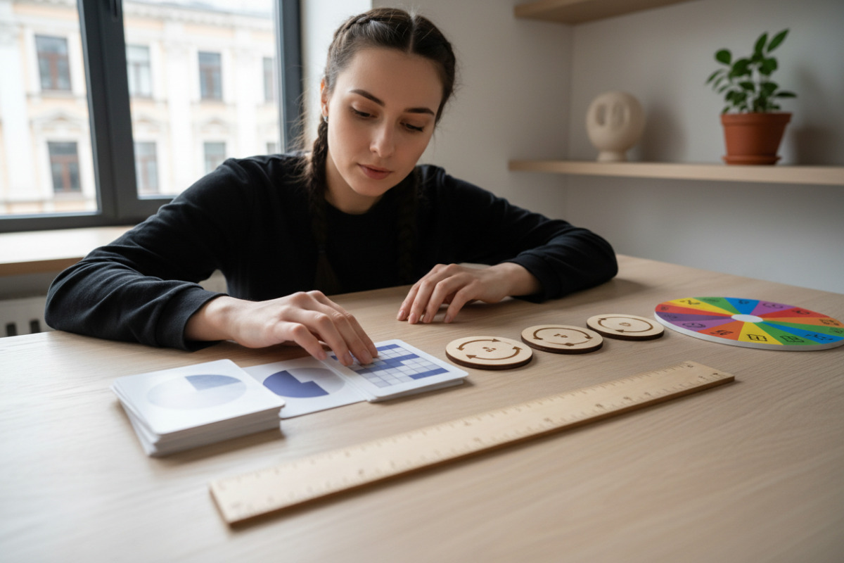 Приклади наочних інструментів для коротких щоденних тренувань: числова пряма, картки, відсотки, порядок дій та колесо