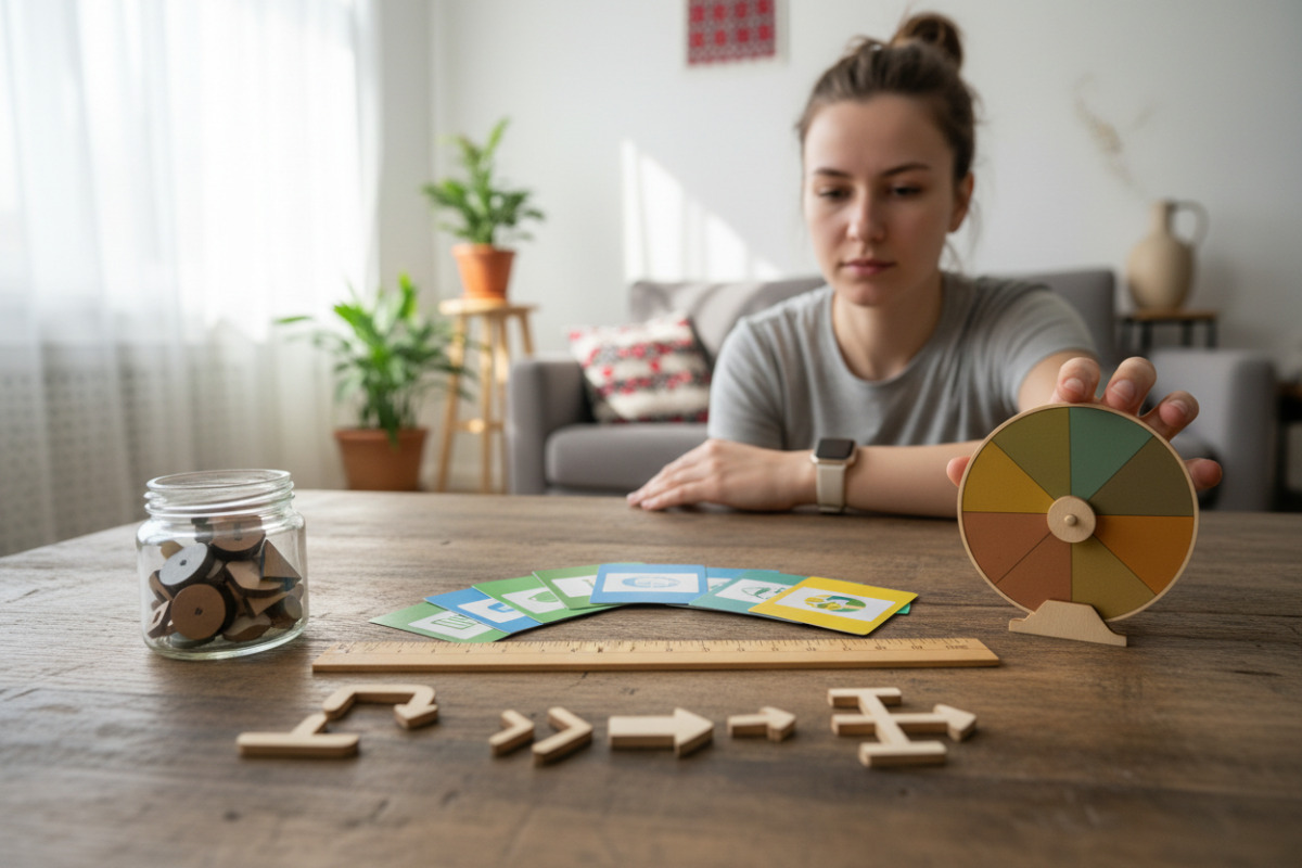 Приклади наочних інструментів для коротких щоденних тренувань: числова пряма, картки, відсотки, порядок дій та колесо