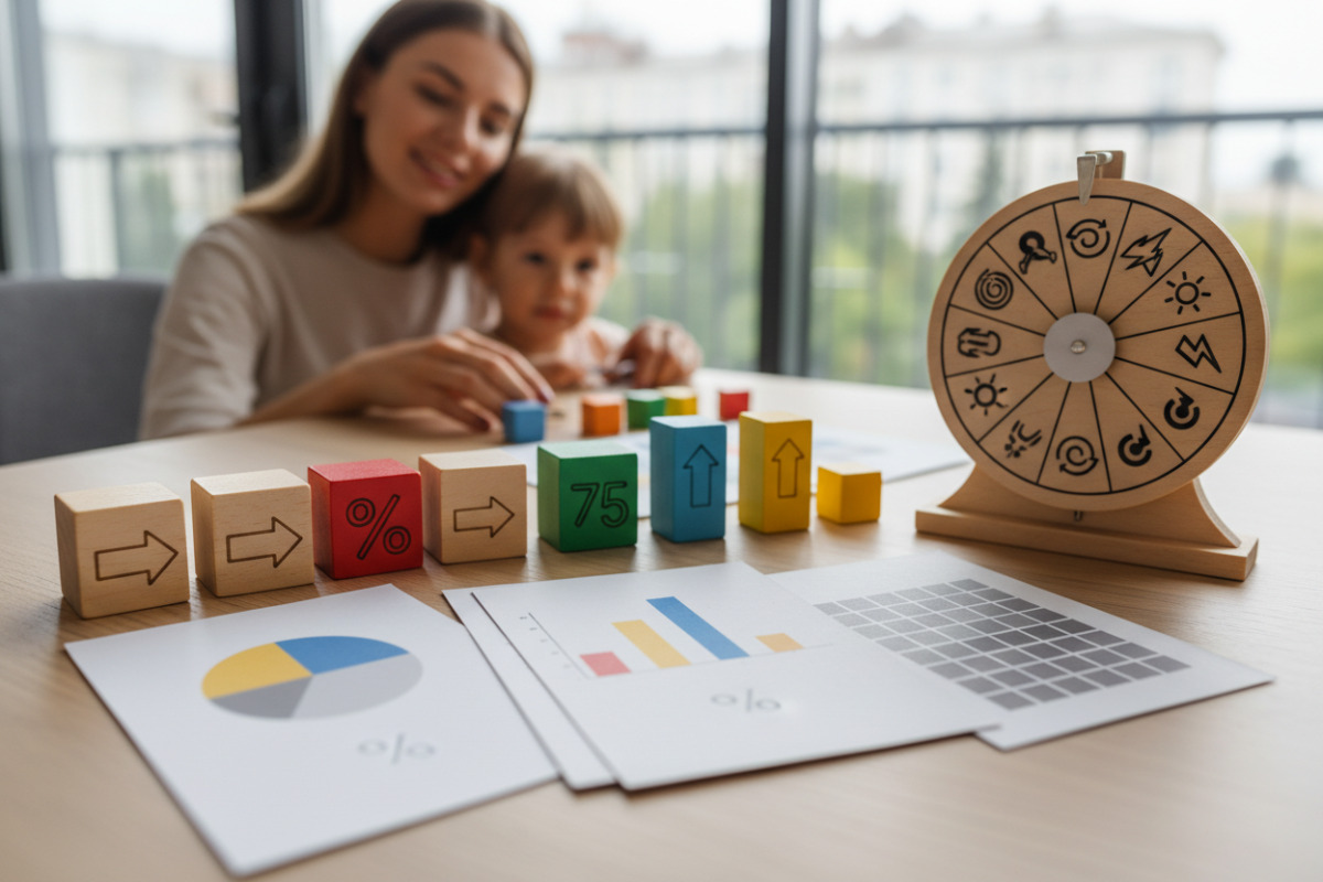 Приклади наочних інструментів для коротких щоденних тренувань: числова пряма, картки, відсотки, порядок дій та колесо