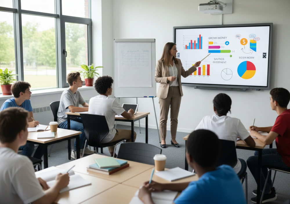 Учитель пояснює учням основу фінансової грамотності