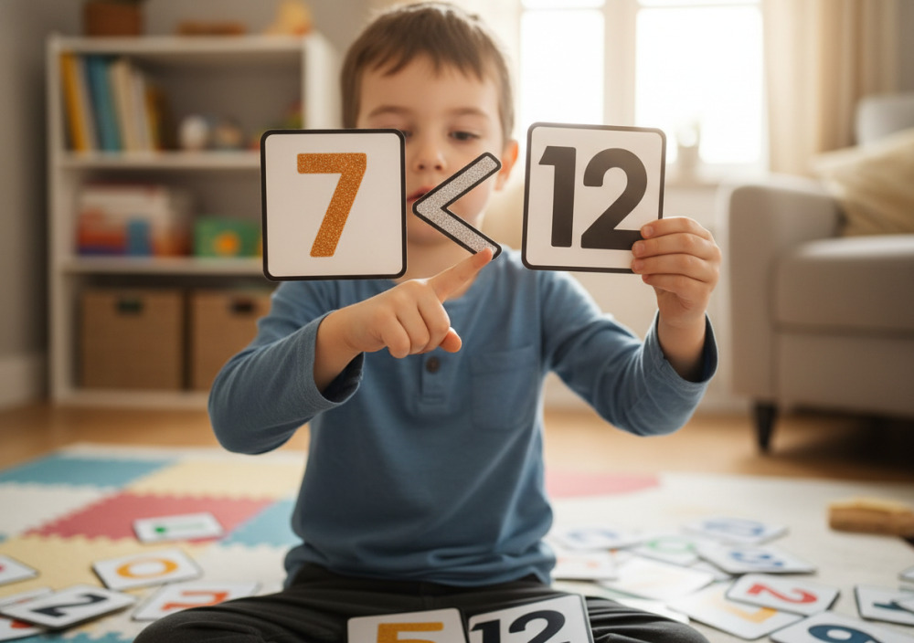 Дитина порівнює числа на картках