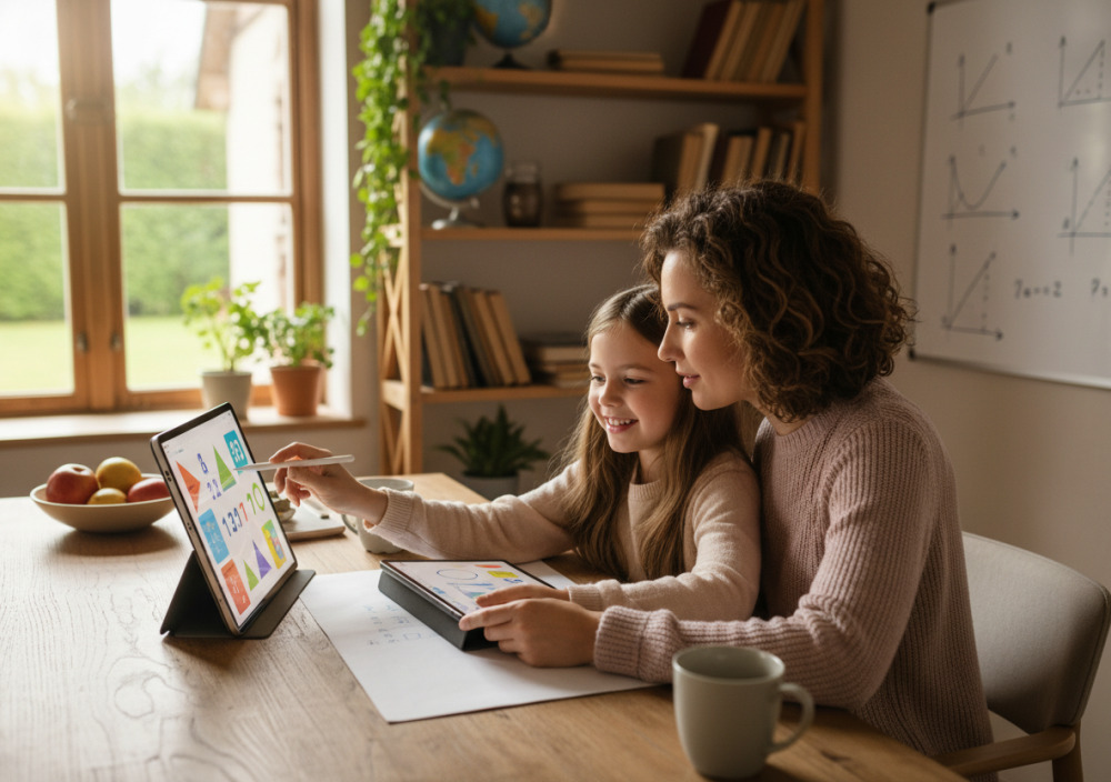 Мама допомагає дитині вивчати математику онлайн