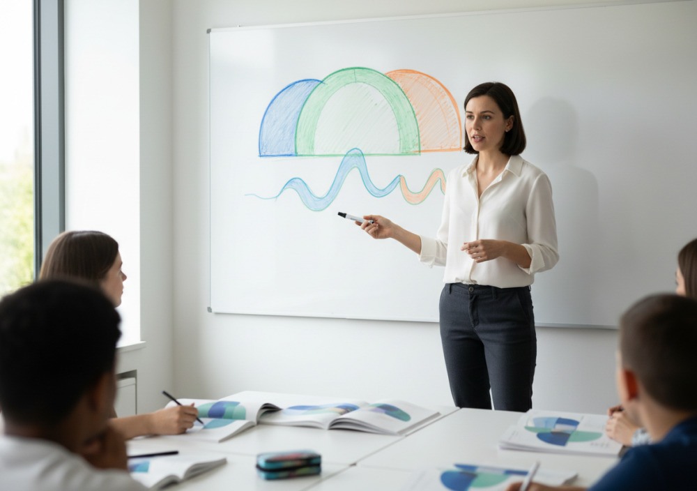 Учитель пояснює правило написання пів на дошці