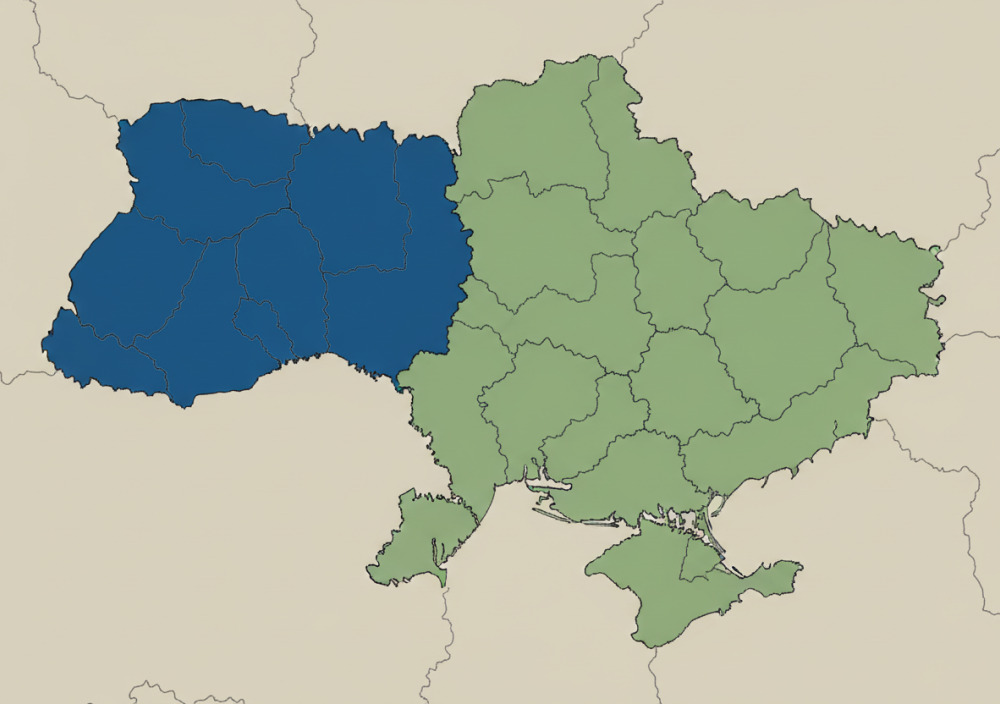 Карта України з виділеною половиною території