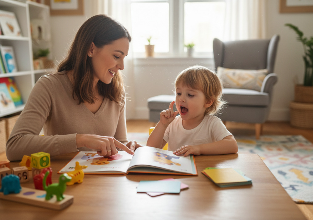 Мама допомагає дитині виконувати мовні вправи вдома