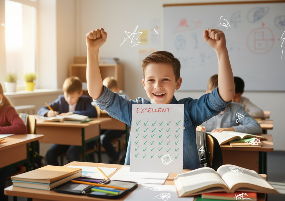 Школяр радіє правильному виконанню мовної контрольної роботи