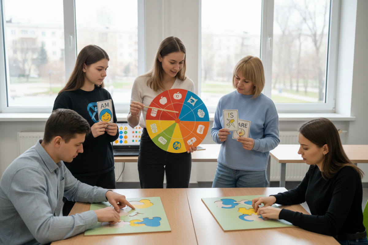 Ідеї для тренування am/is/are: картки, схема, гра з колом, письмові приклади та онлайн-пазли