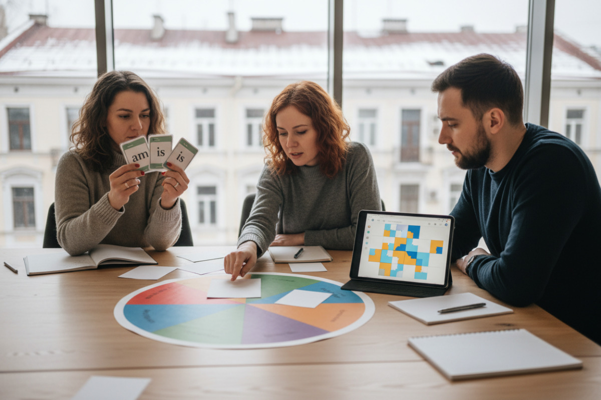 Ідеї для тренування am/is/are: картки, схема, гра з колом, письмові приклади та онлайн-пазли