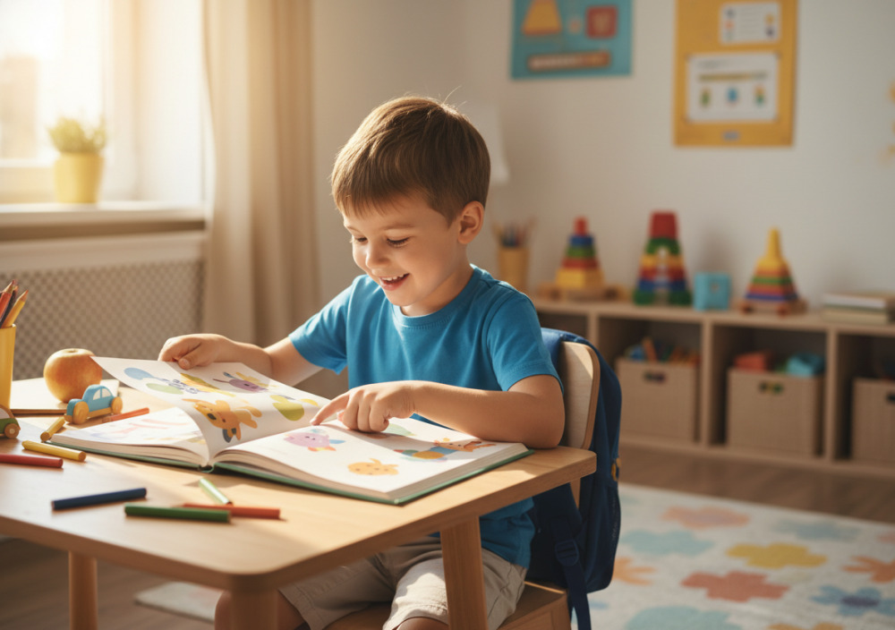 Першокласник читає книгу за столом