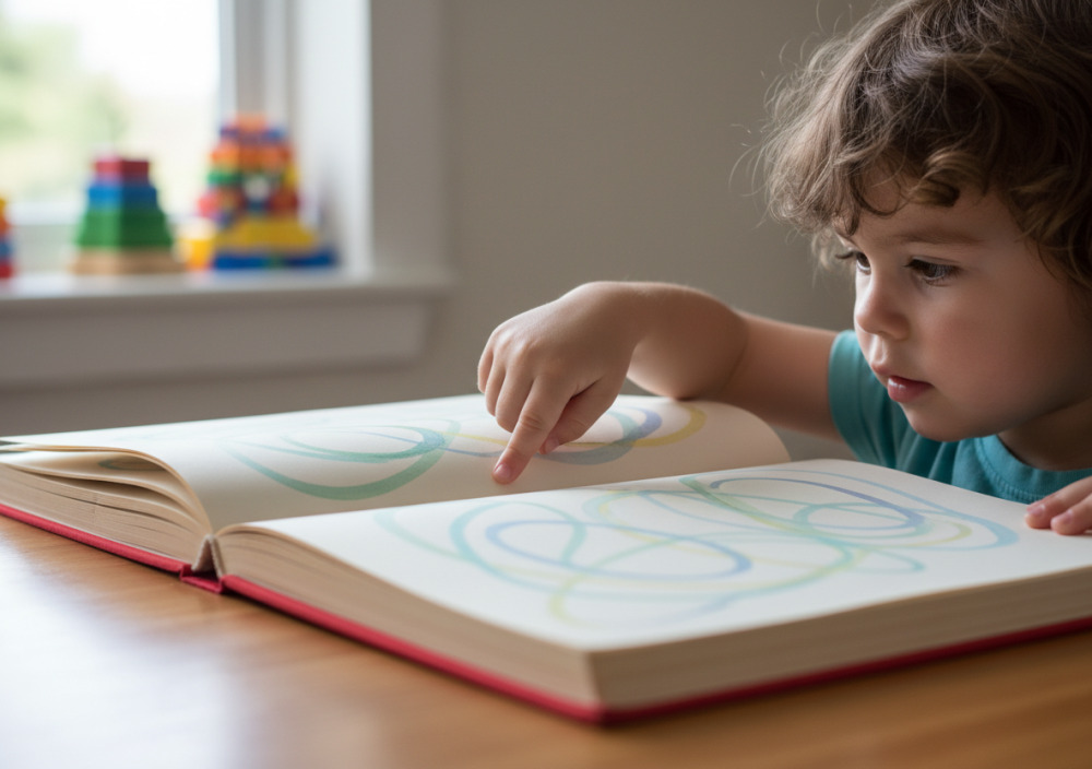 Дитина показує пальцем на рядок у книжці