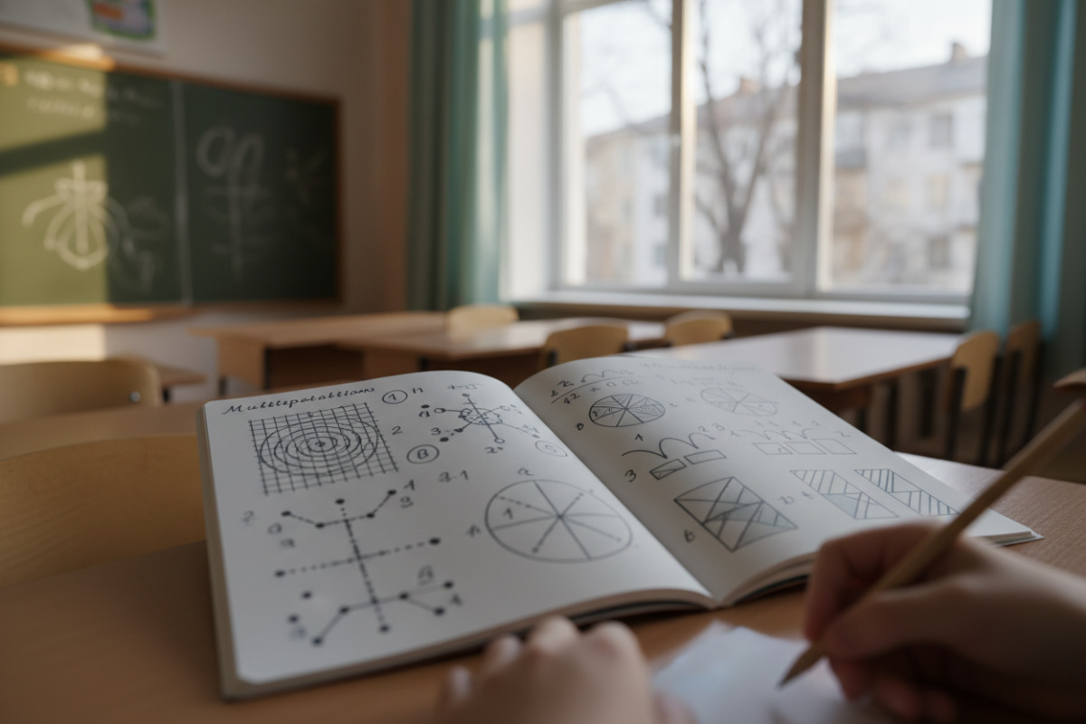 Візуальні підказки для тренування множення: таблиця, зошитні приклади, дроби, округлення та короткі тести