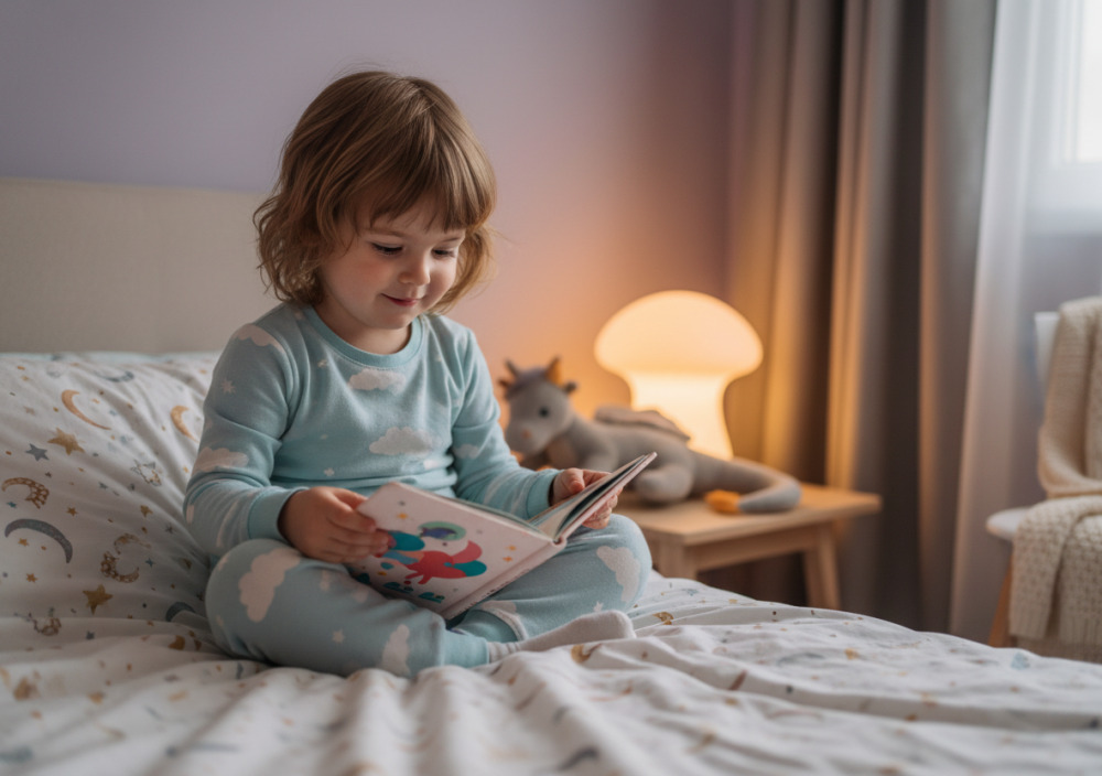 Дитина читає невелику книжку перед сном
