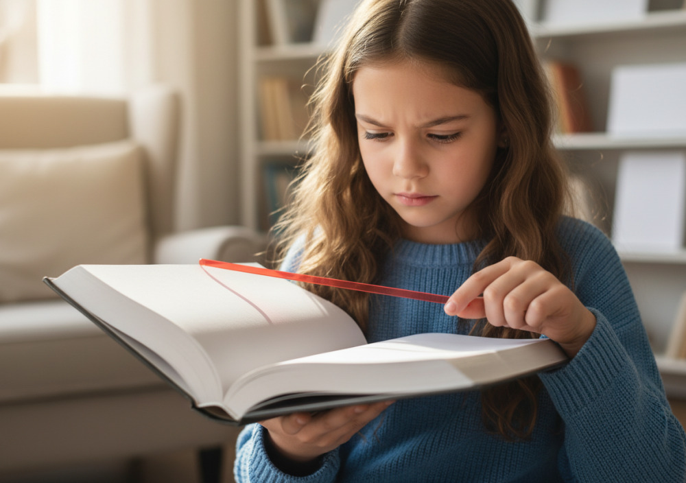 Дівчинка читає текст зі смужкою-покажчиком