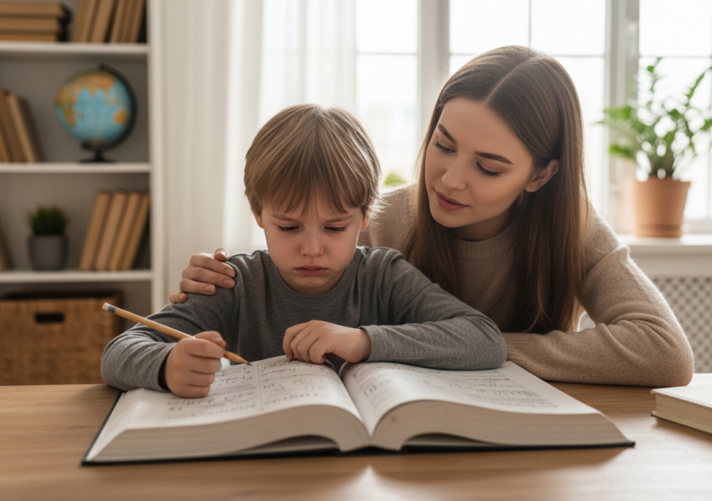Засмучена дитина з підручником та мама поруч
