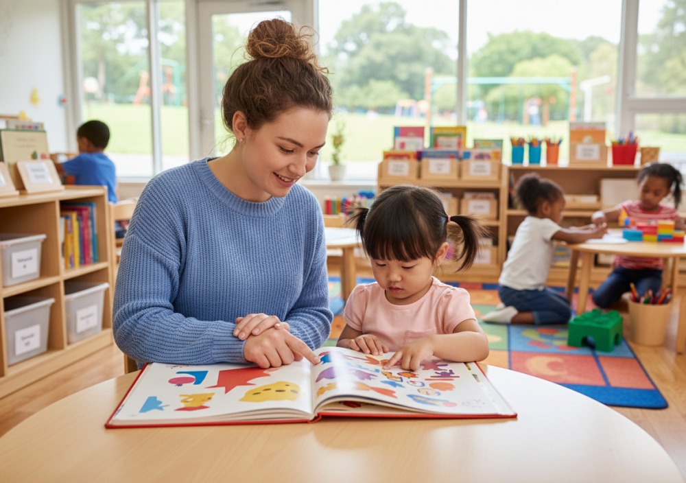 Учителька допомагає дитині читати в класі