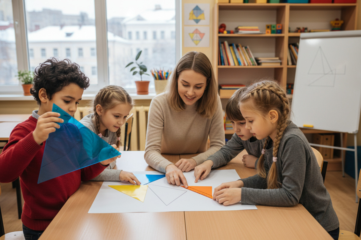 Приклади навчальних ситуацій, у яких діти вчаться розпізнавати тупокутний трикутник і порівнювати кути