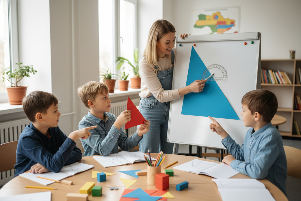 Приклади навчальних ситуацій, у яких діти вчаться розпізнавати тупокутний трикутник і порівнювати кути