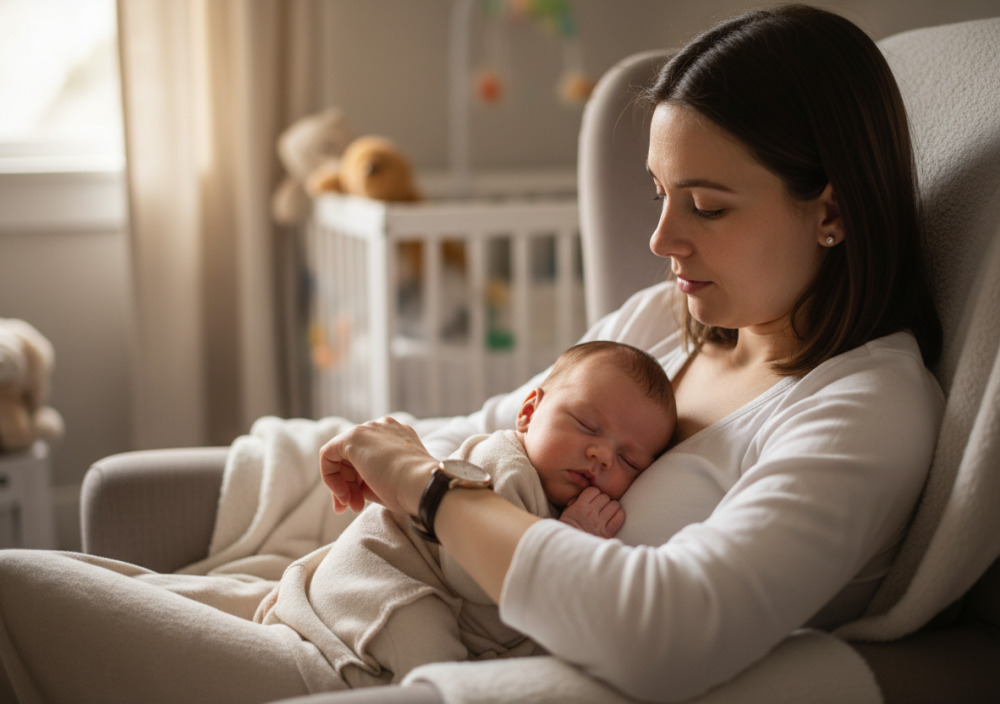 Мама дивиться на годинник поруч зі сплячою дитиною