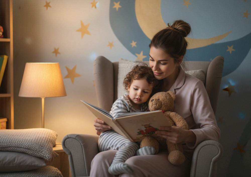 Мама читає книжку дитині перед сном