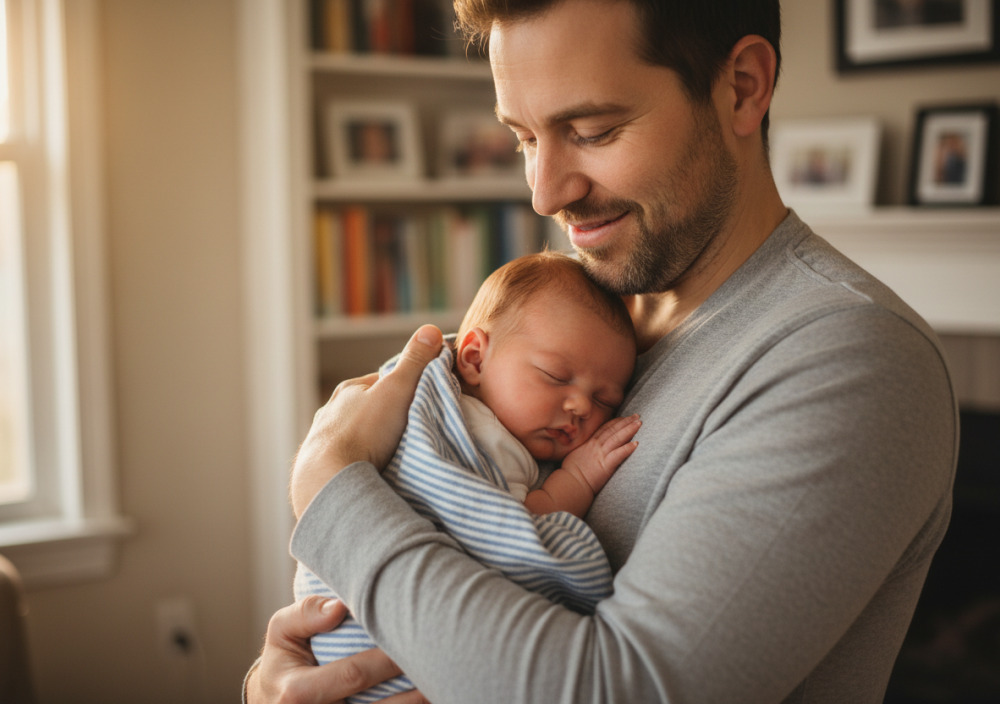 Тато тримає сонну дитину на руках