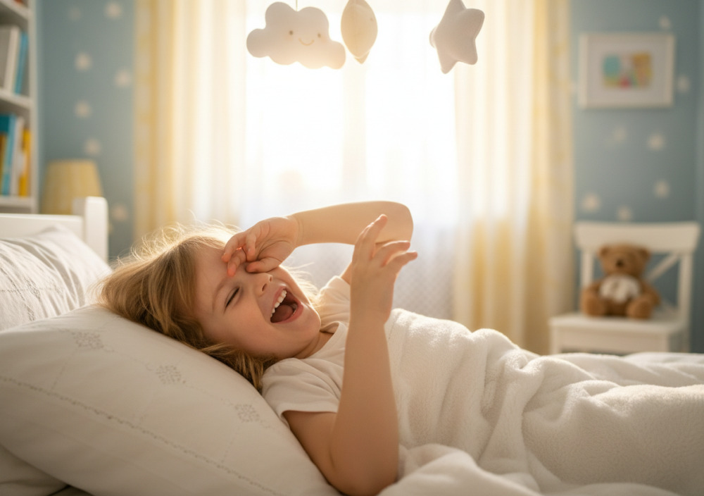 Посміхнена дитина прокидається вранці