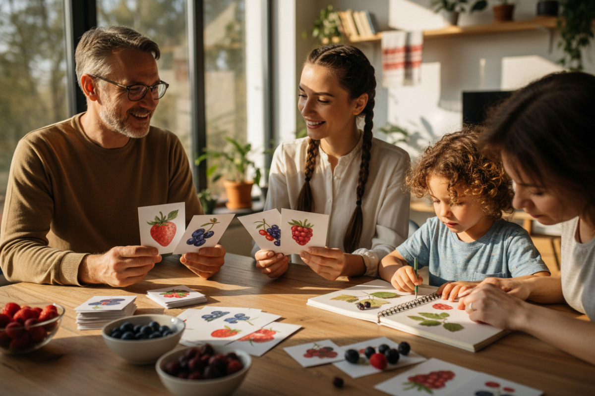 Приклади того, як тему ягід можна подати через картки, описи, записи в зошиті та спільну роботу з дорослими
