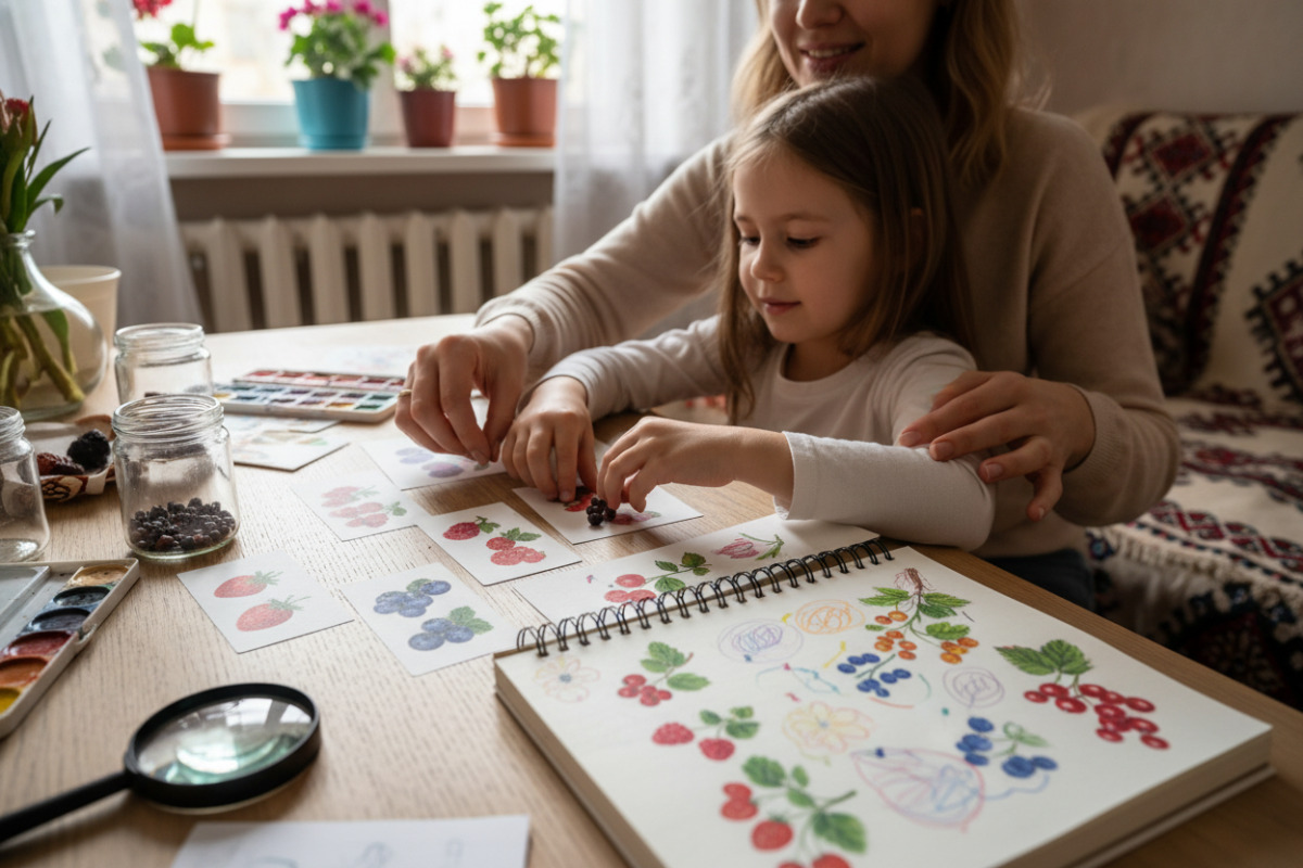 Приклади того, як тему ягід можна подати через картки, описи, записи в зошиті та спільну роботу з дорослими