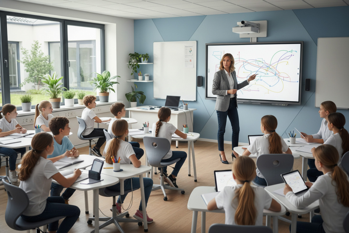 Учитель пояснює матеріал біля дошки в сучасному класі