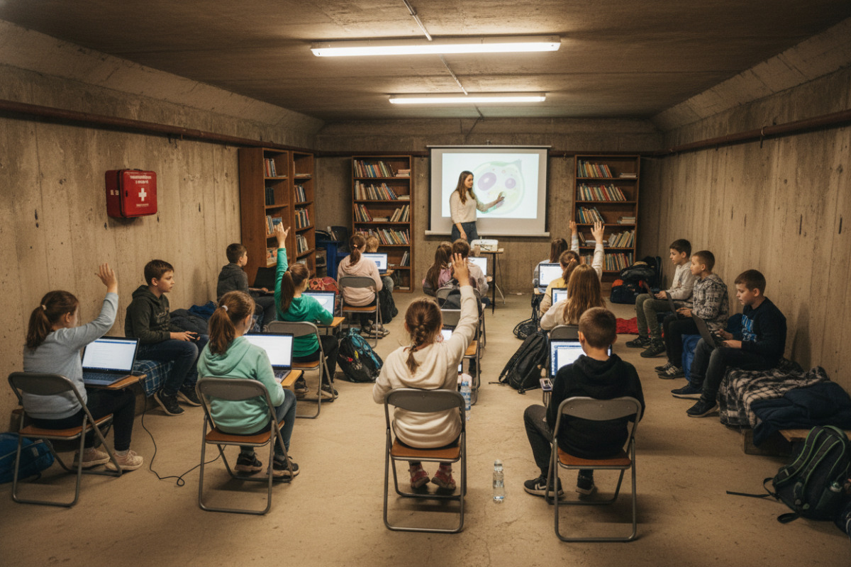 Українські школярі навчаються в укритті під час повітряної тривоги