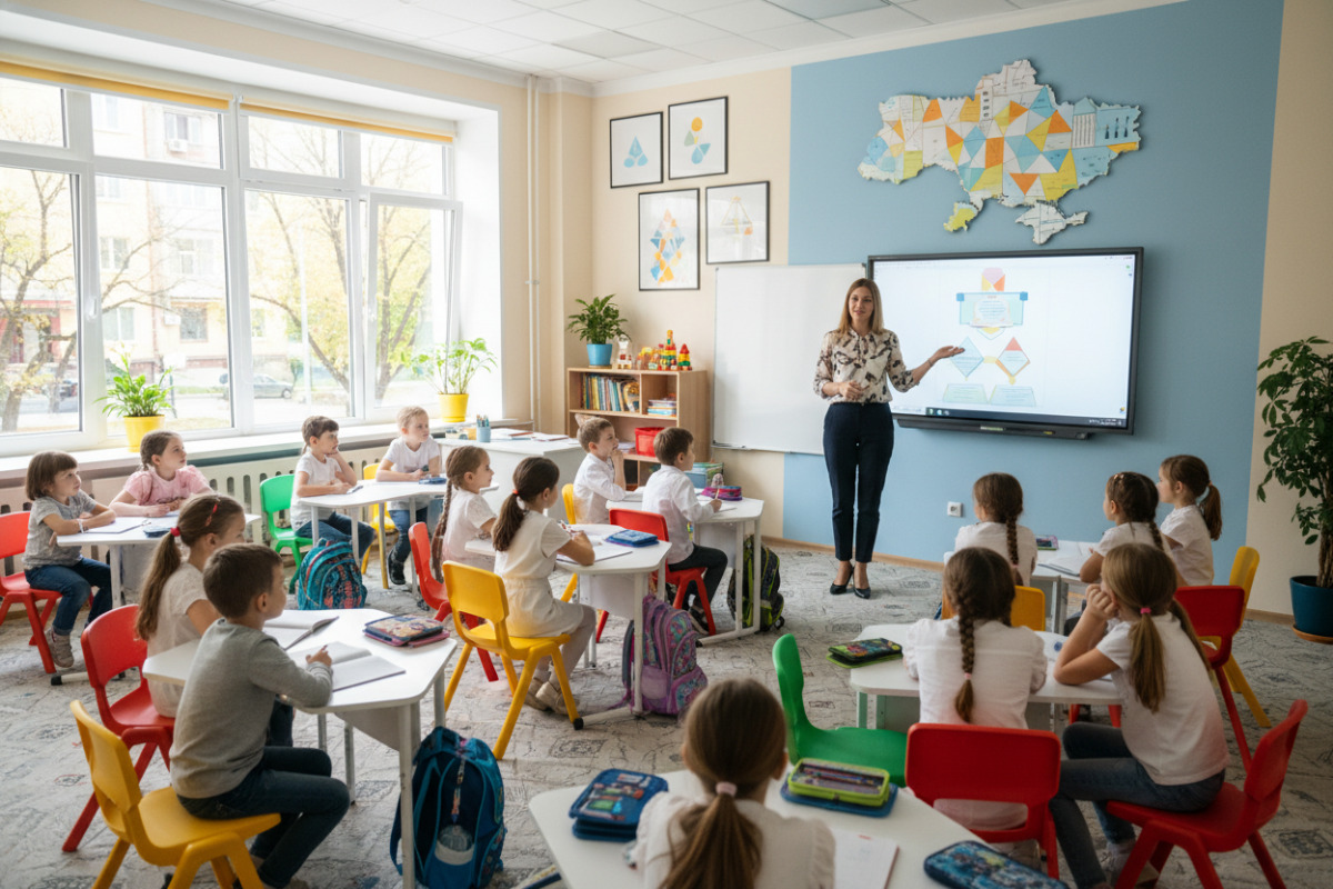 Учитель проводить урок у сучасному українському класі