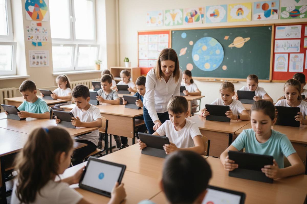 Діти працюють за планшетами на уроці в школі