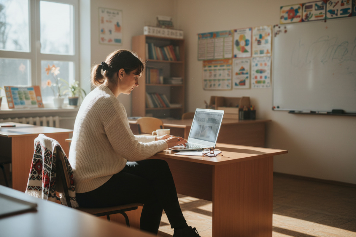 Українська вчителька готується до уроку за ноутбуком