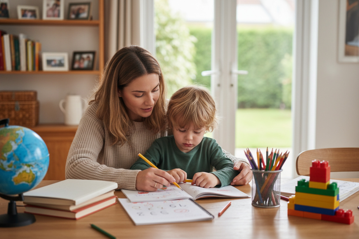 Мама допомагає дитині виконувати домашнє завдання за столом