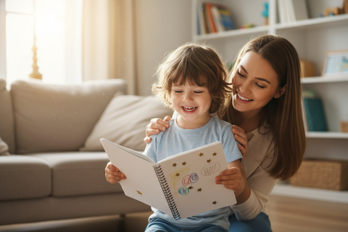 Дитина радіє успіху, показуючи зошит мамі