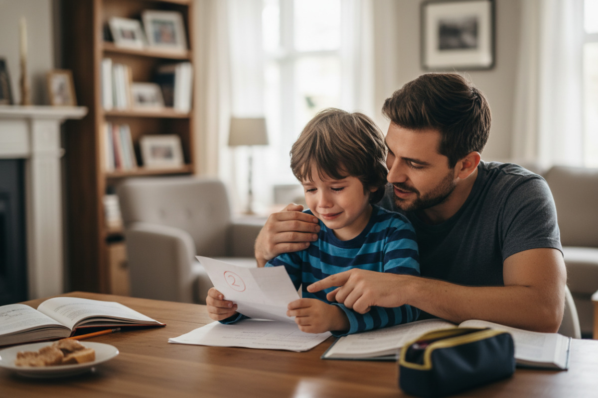 Батько підтримує дитину, що засмутилася через оцінку, вдома за столом