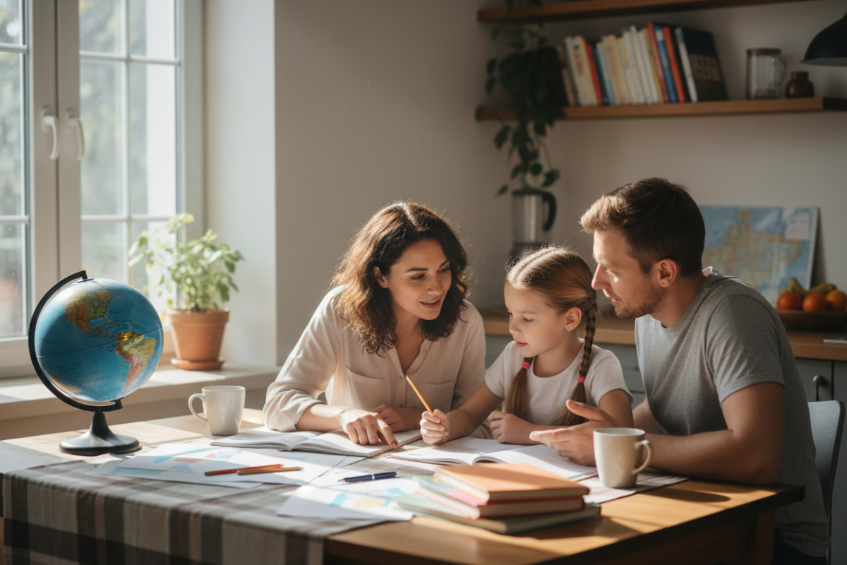 Батьки й дитина разом обговорюють шкільні предмети за кухонним столом