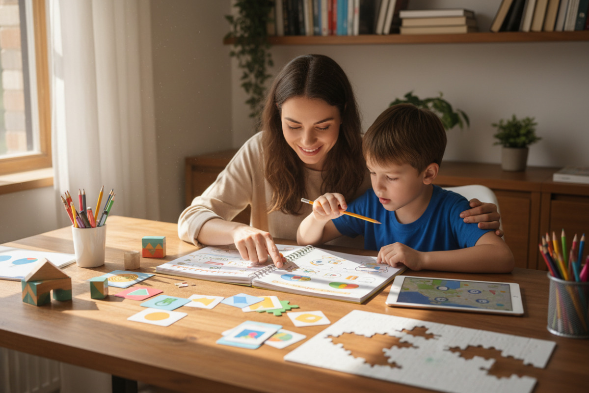Мама й дитина разом обирають завдання для навчання за столом