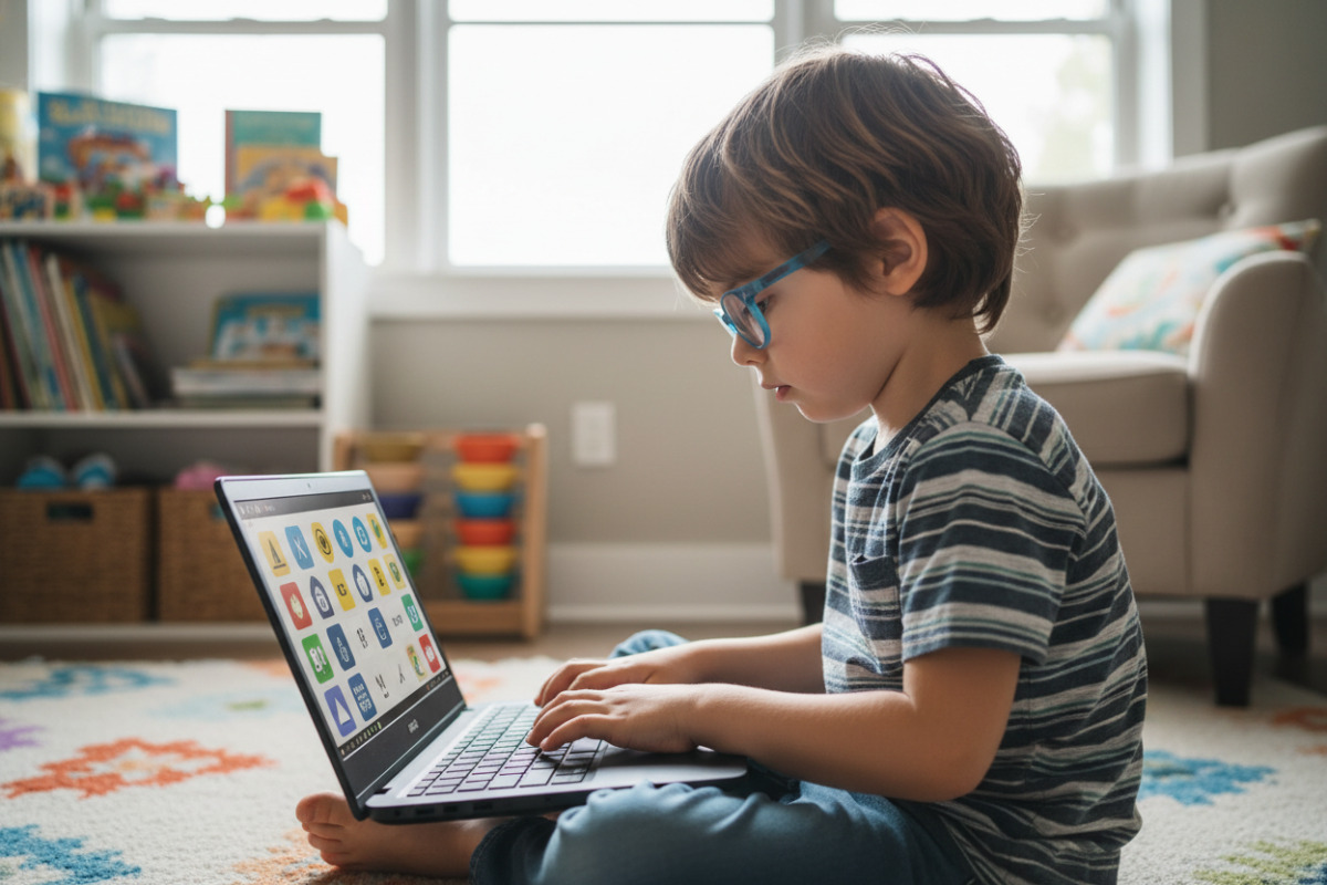 Дитина самостійно працює за ноутбуком, виконуючи онлайн-завдання