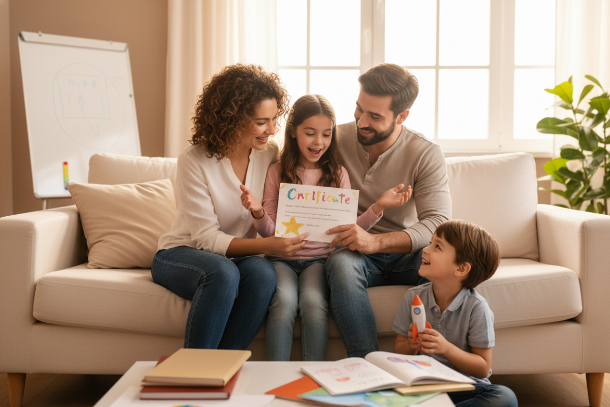 Весела сім’я обговорює досягнення дитини в навчанні на дивані