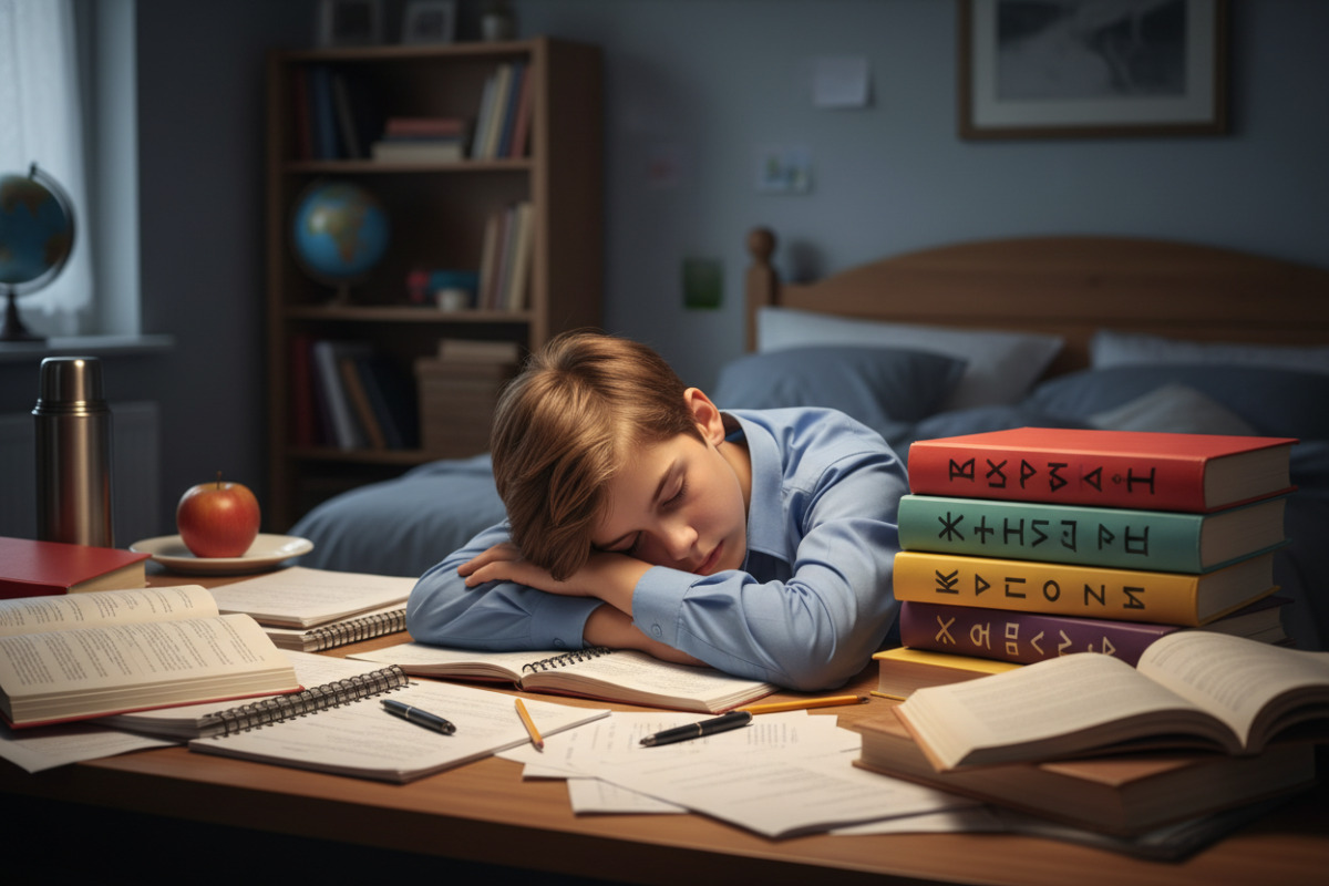 Стомлений школяр за столом з підручниками