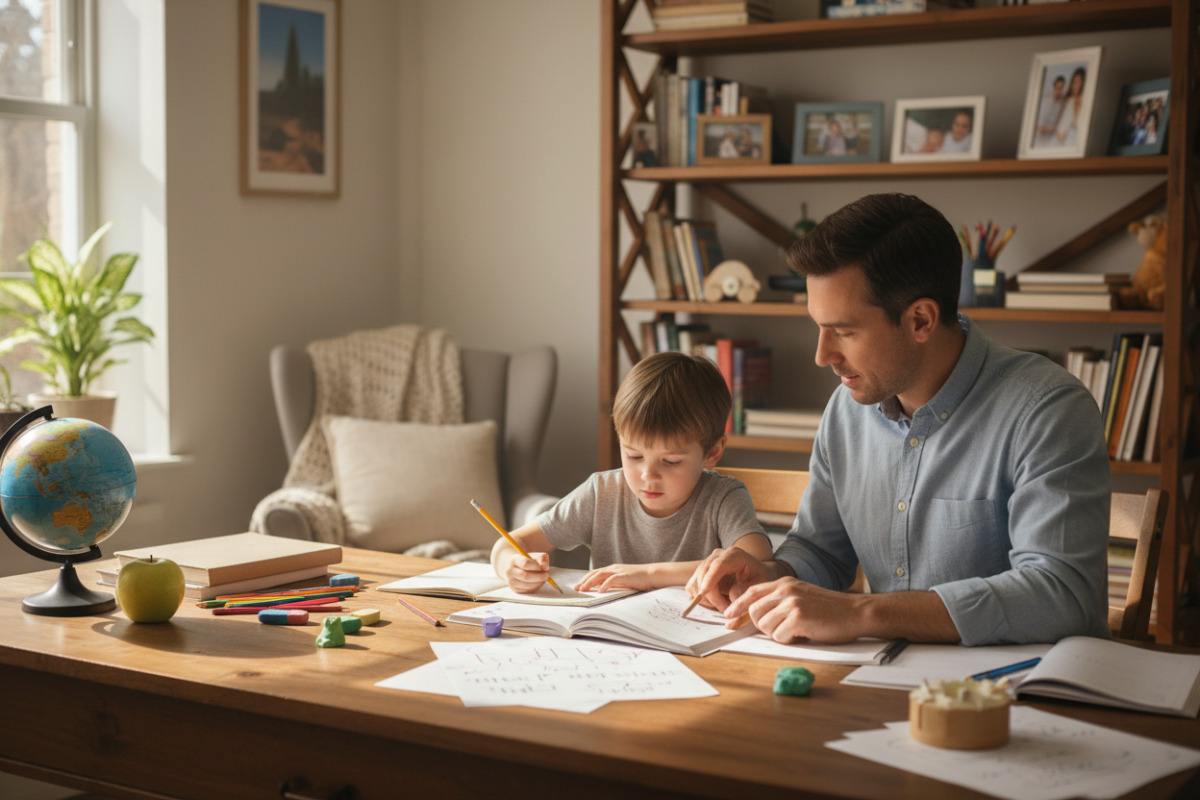 Батько допомагає дитині виконувати домашнє завдання